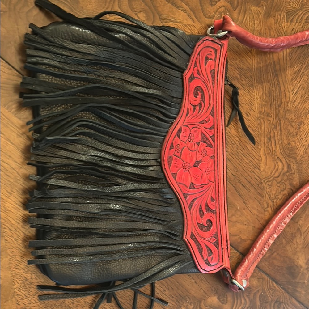 Black and Red Fringe Leather Bag